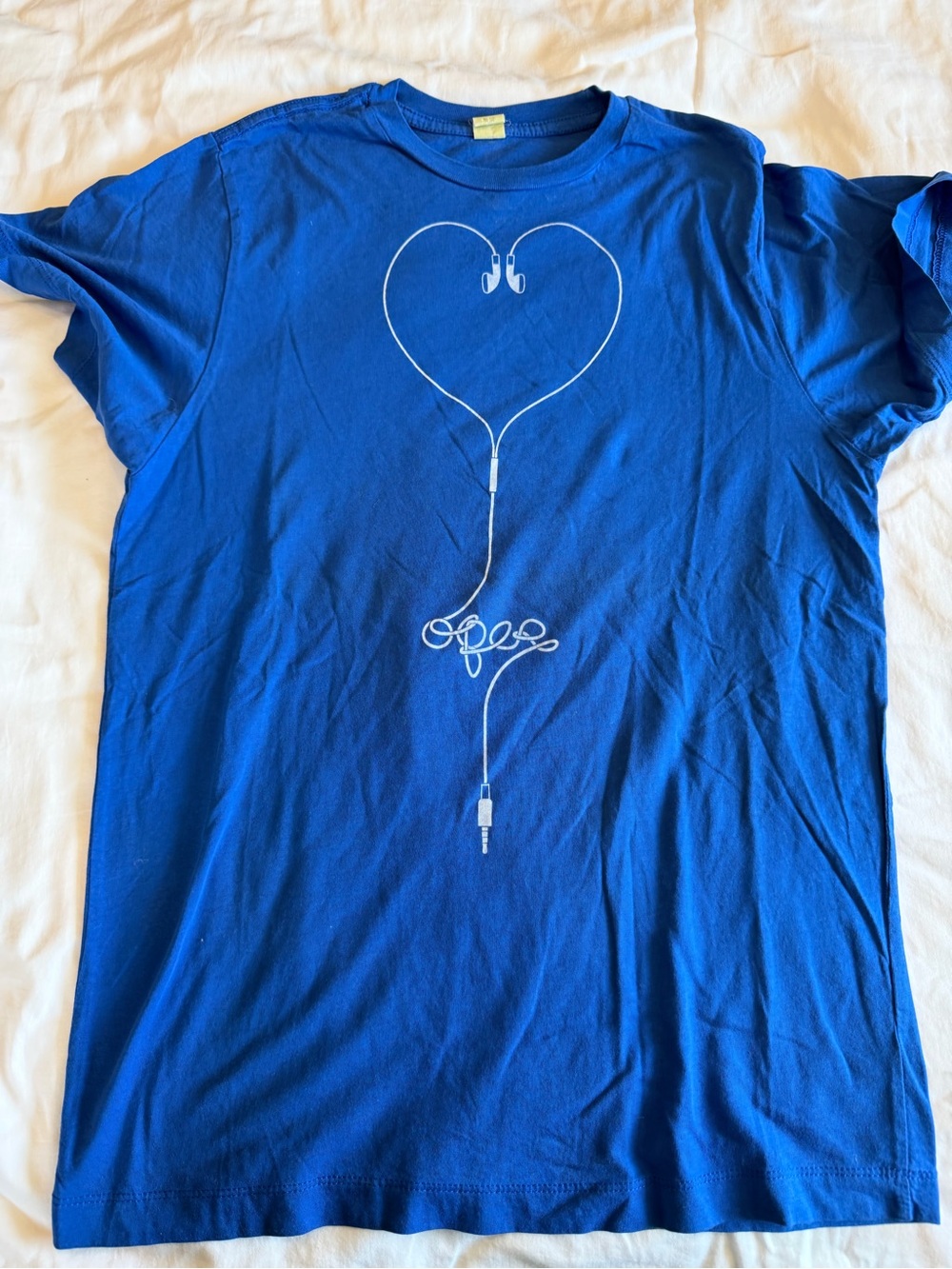 Blue Graphic Tee with Earbud Heart Design